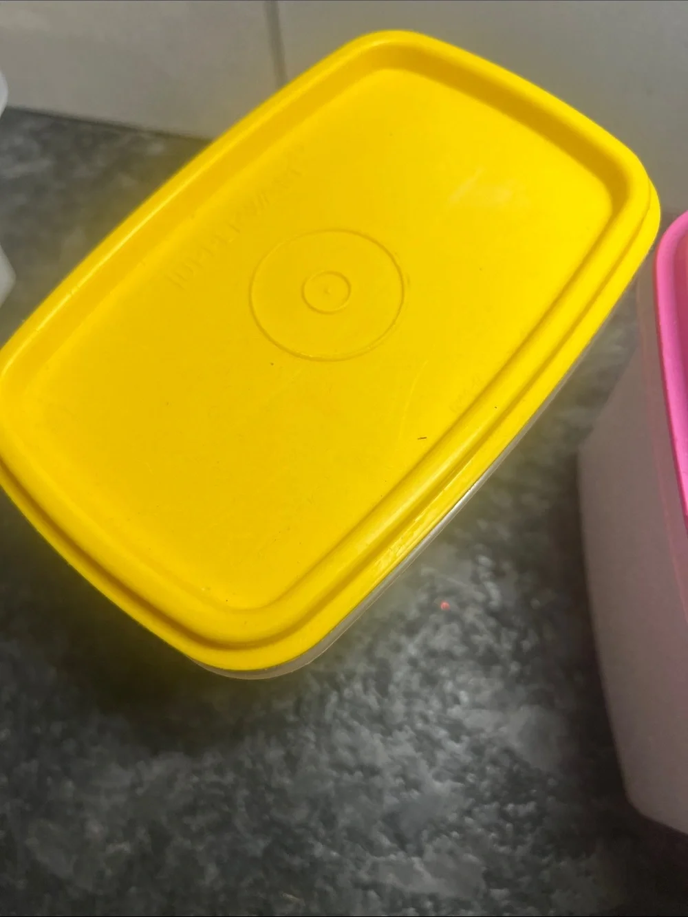 Tupperware Plastic Food Containers with Yellow and Pink Lids